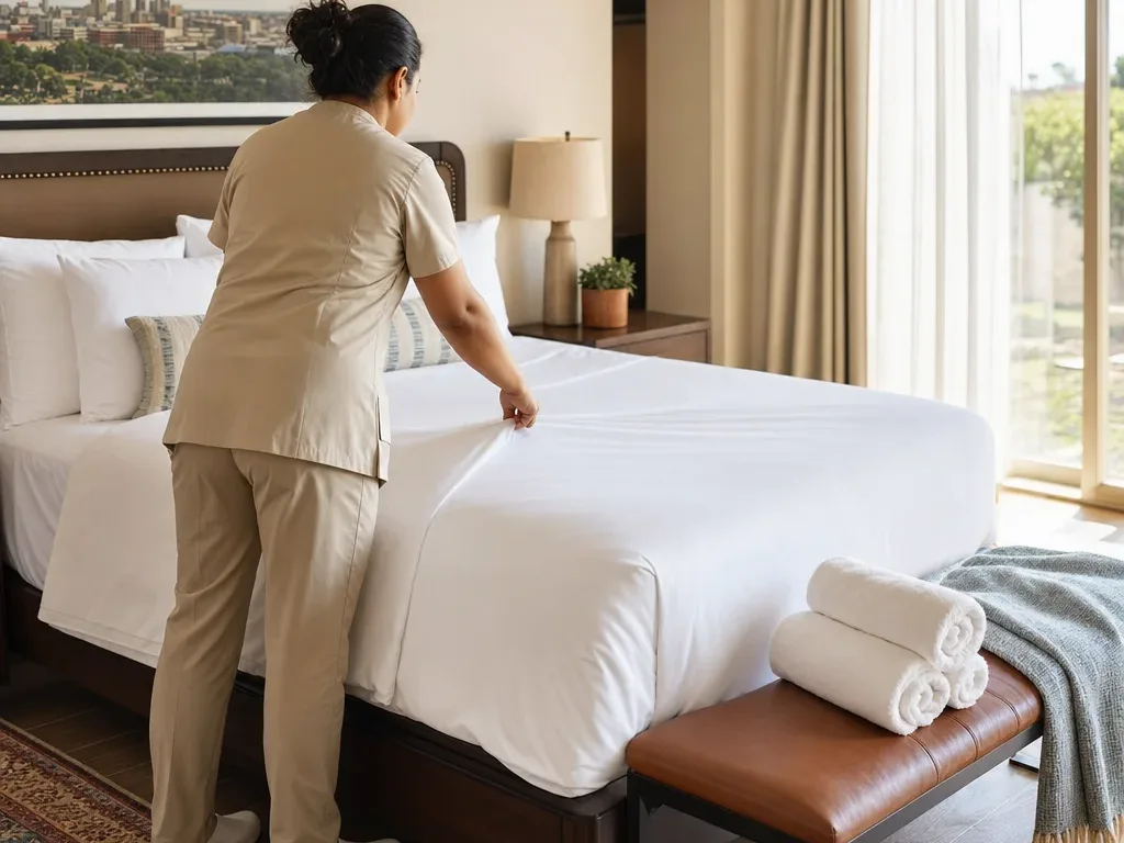 Cleaning professional making a guest bed with fresh white linens during a San Antonio Airbnb turnover