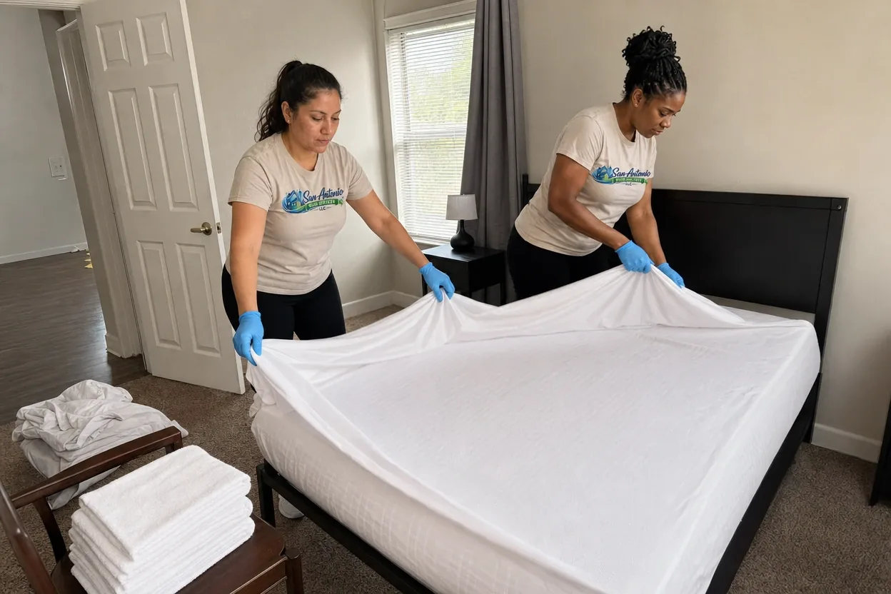 Two San Antonio Maid Services cleaning professionals making a guest bed with fresh white sheets during a vacation rental turnover