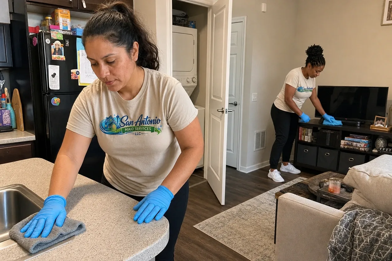 San Antonio Maid Services cleaning professionals wiping an apartment kitchen counter and dusting the living area