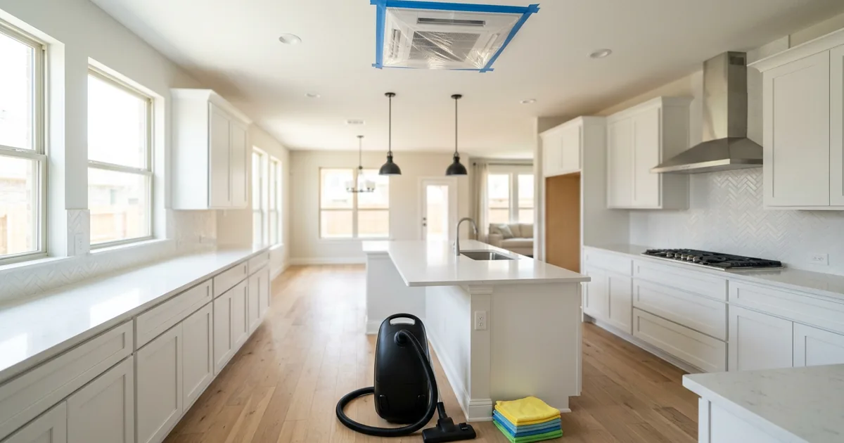 Remodeled kitchen with a taped plastic cover over the ceiling vent, cleared counters, and a vacuum on the floor