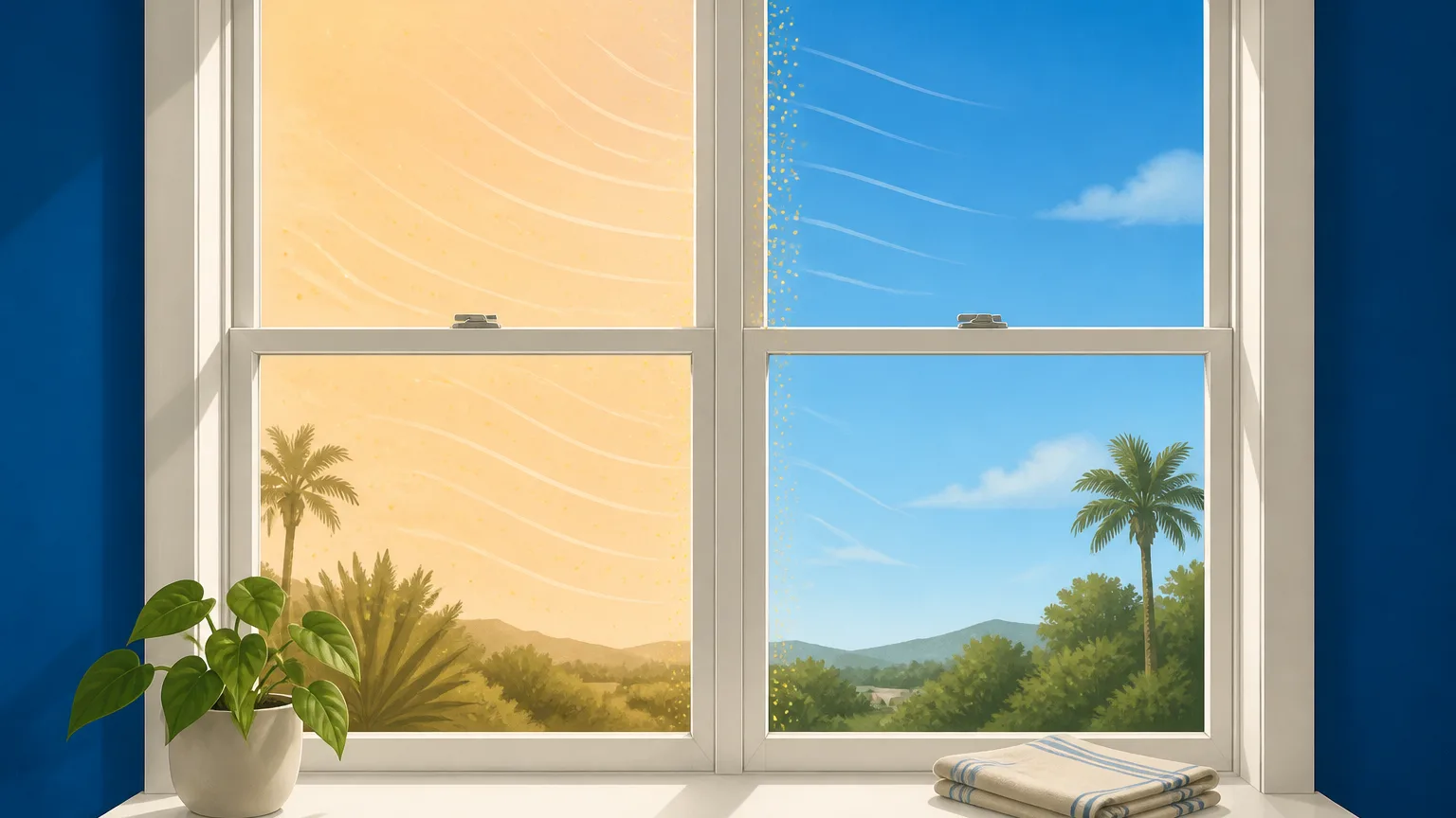 Illustration of a closed window with a hot orange sky on the left and a cool blue sky on the right, with pollen specks stopped at the glass