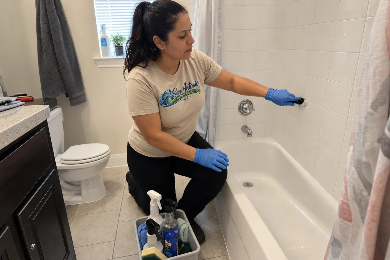 San Antonio Maid Services cleaning professional scrubbing shower tile grout with a brush during a deep house cleaning