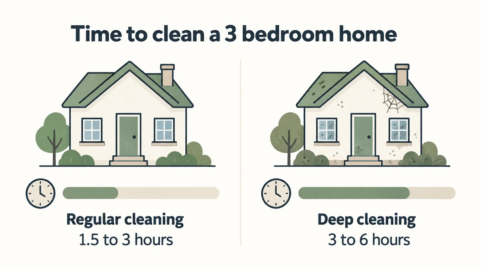 Chart showing a regular cleaning of a 3 bedroom home takes 1.5 to 3 hours and a deep cleaning takes 3 to 6 hours