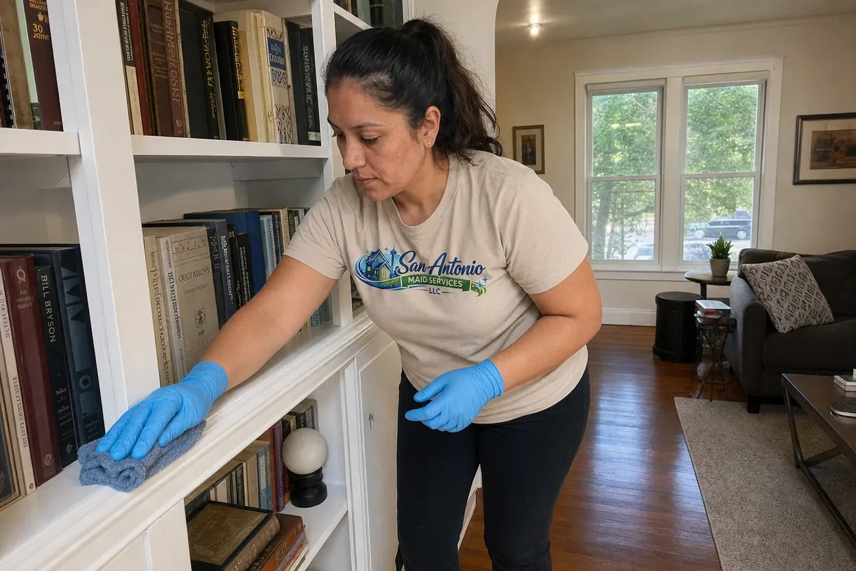 House cleaning for older Alamo Heights homes: a San Antonio Maid Services cleaning professional hand wipes built in bookshelf trim