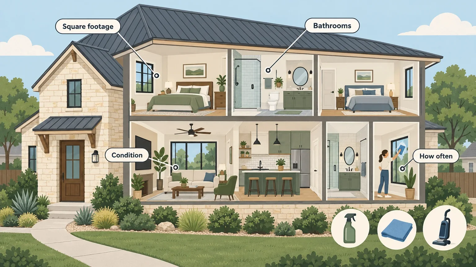 Illustration of a two story San Antonio home with labels for square footage, bathrooms, condition, and how often you book