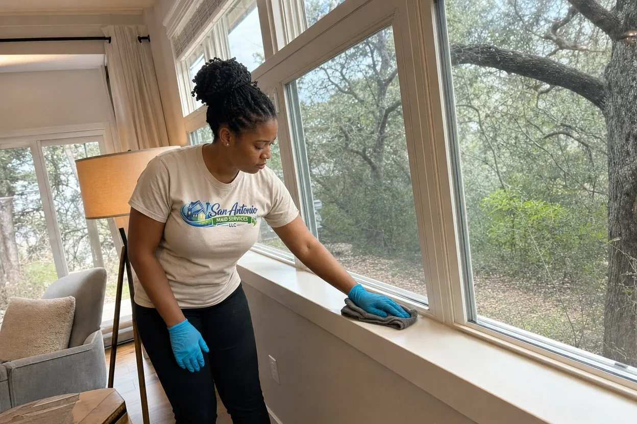 House cleaning for Hill Country Village homes: a San Antonio Maid Services cleaning professional wipes a window sill facing live oaks
