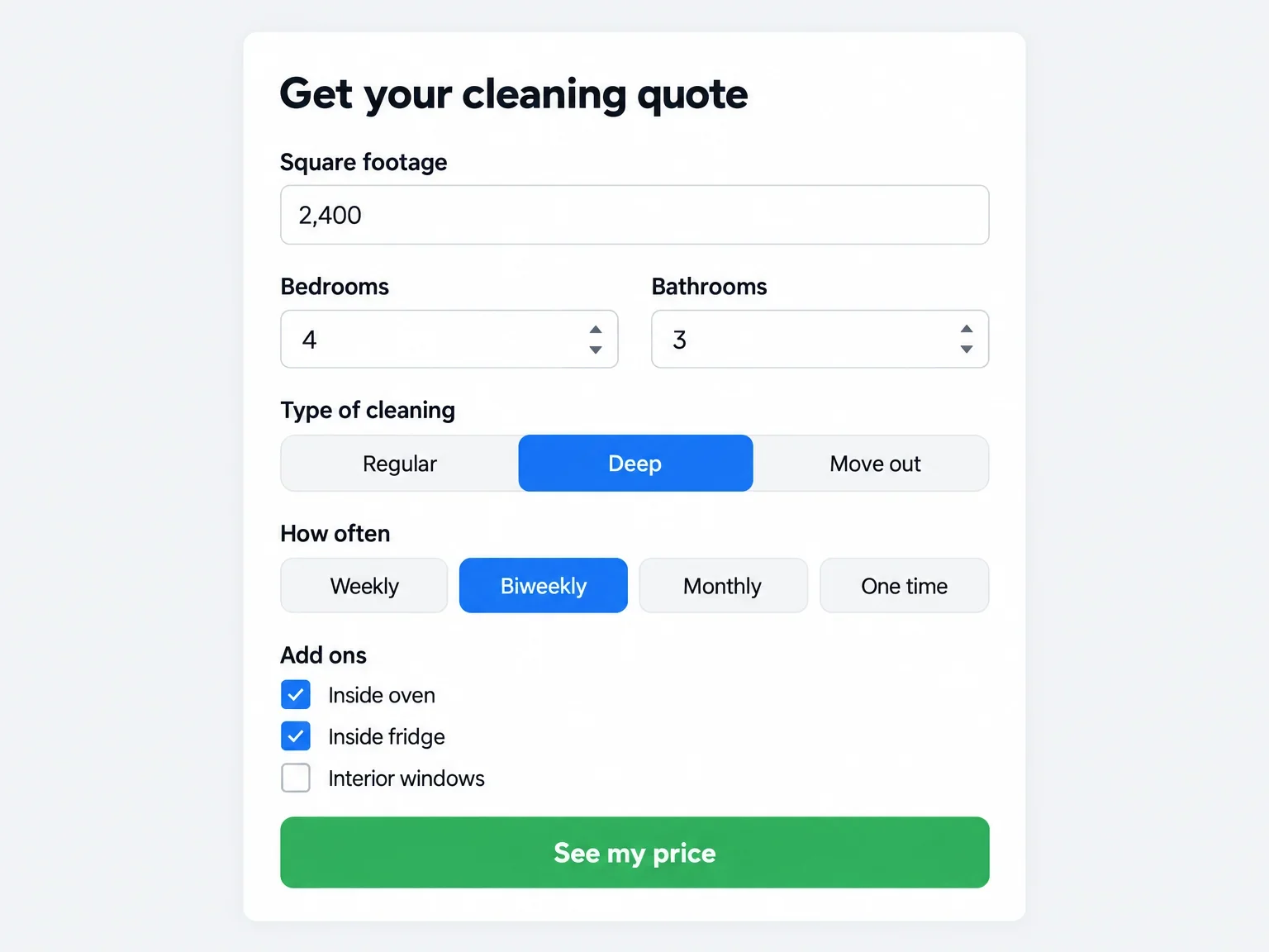 Example quote form asking for square footage, bedrooms, bathrooms, type of cleaning, how often, and add ons