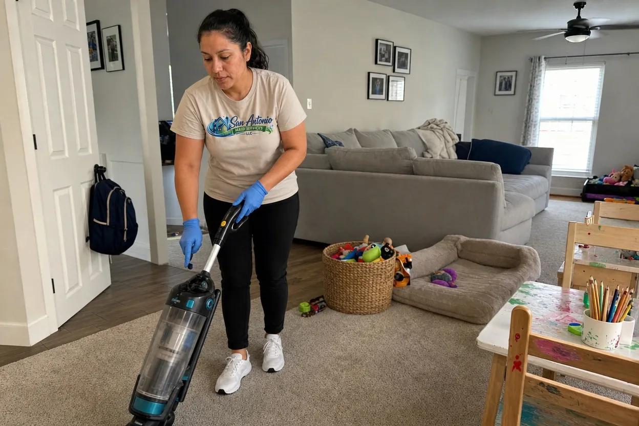 House cleaning for Rogers Ranch family homes: a San Antonio Maid Services cleaning professional vacuums a family room