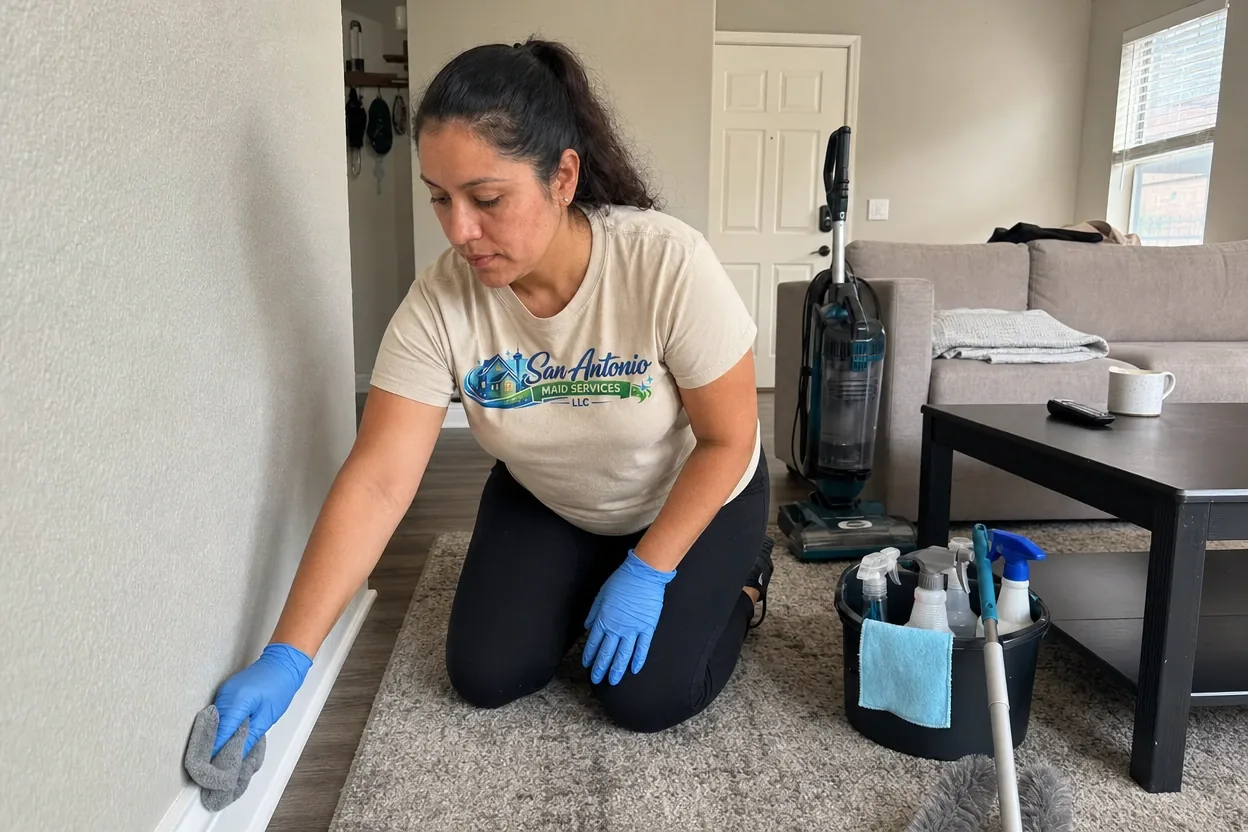 San Antonio Maid Services cleaning professional kneeling to wipe a living room baseboard during a house cleaning