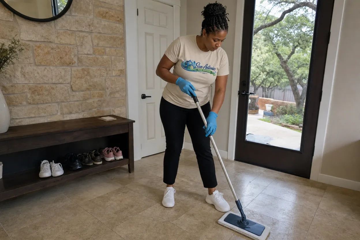 House cleaning for Shavano Park homes: a San Antonio Maid Services cleaning professional mops a tile entry floor