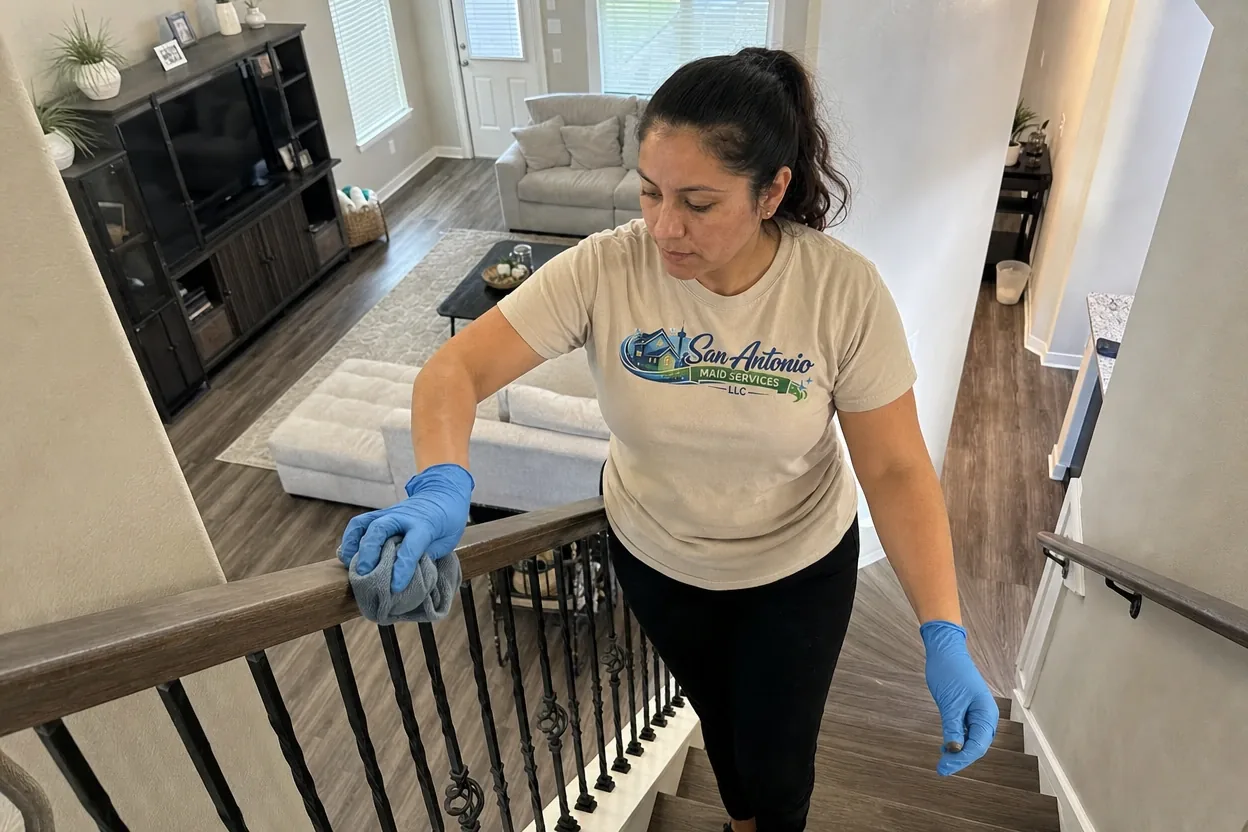 House cleaning for two story Stone Oak homes: a San Antonio Maid Services cleaning professional wipes a staircase handrail