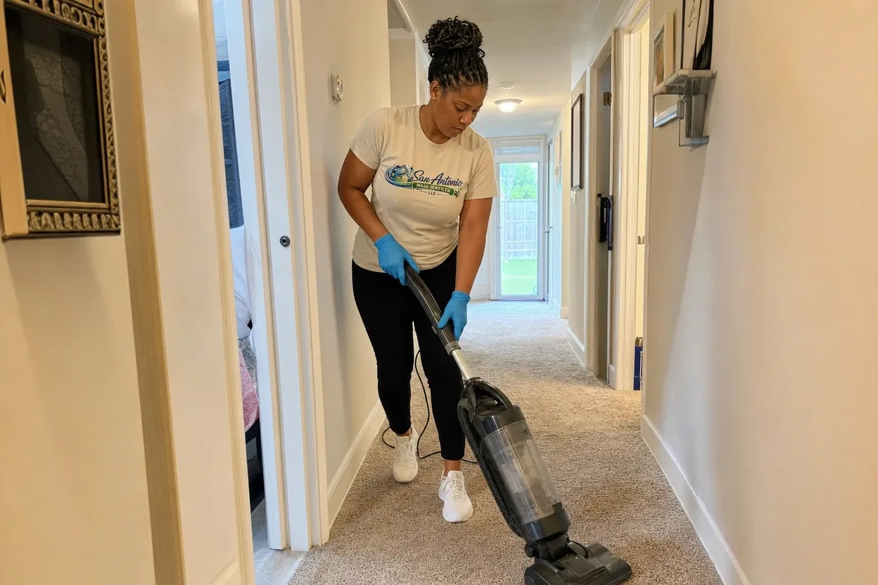 House cleaning for Terrell Hills ranch homes: a San Antonio Maid Services cleaning professional vacuums a long hallway
