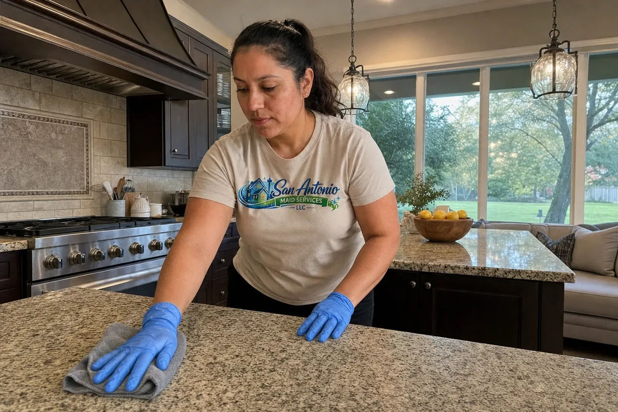 House cleaning for homes in The Dominion: a San Antonio Maid Services cleaning professional wipes a granite kitchen island