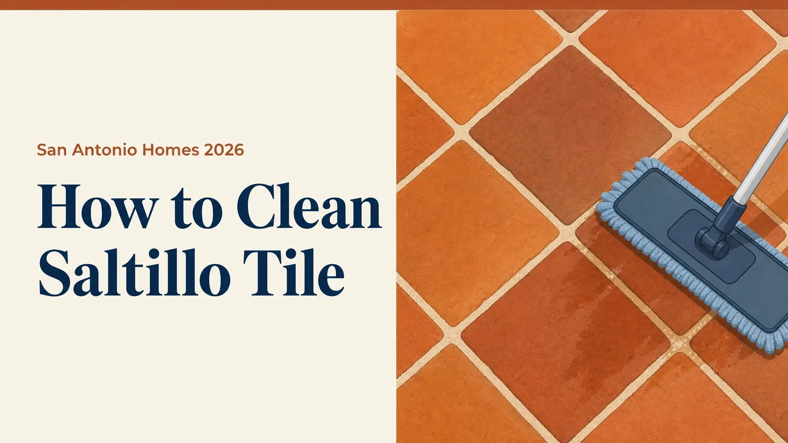 Terracotta Saltillo tile floor with a damp microfiber mop and the headline How to Clean Saltillo Tile