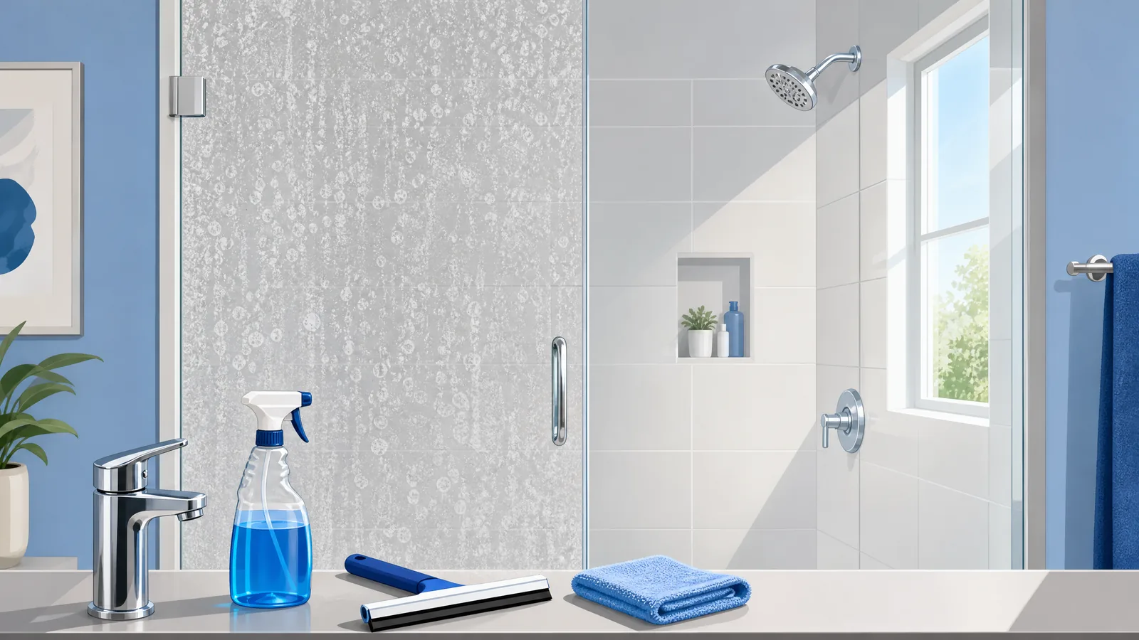 Illustration of a shower door with hard water spots on the left half of the glass and clear glass on the right, with a faucet, spray bottle, squeegee, and microfiber cloth in front