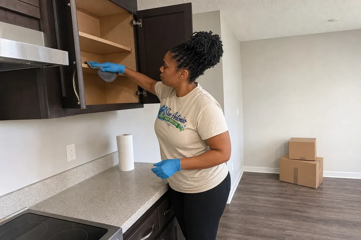 San Antonio Maid Services cleaning professional wiping inside an empty kitchen cabinet during a move out cleaning