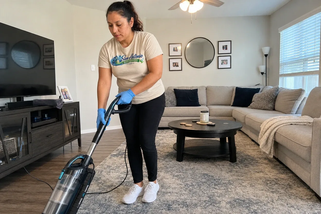 San Antonio Maid Services cleaning professional vacuuming a living room rug during a one time cleaning