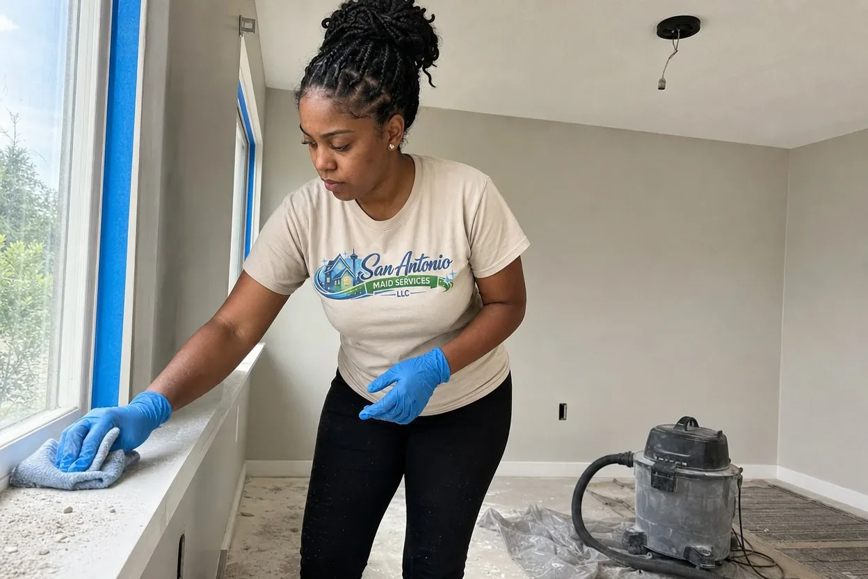 San Antonio Maid Services cleaning professional wiping drywall dust off a window sill after a home remodel