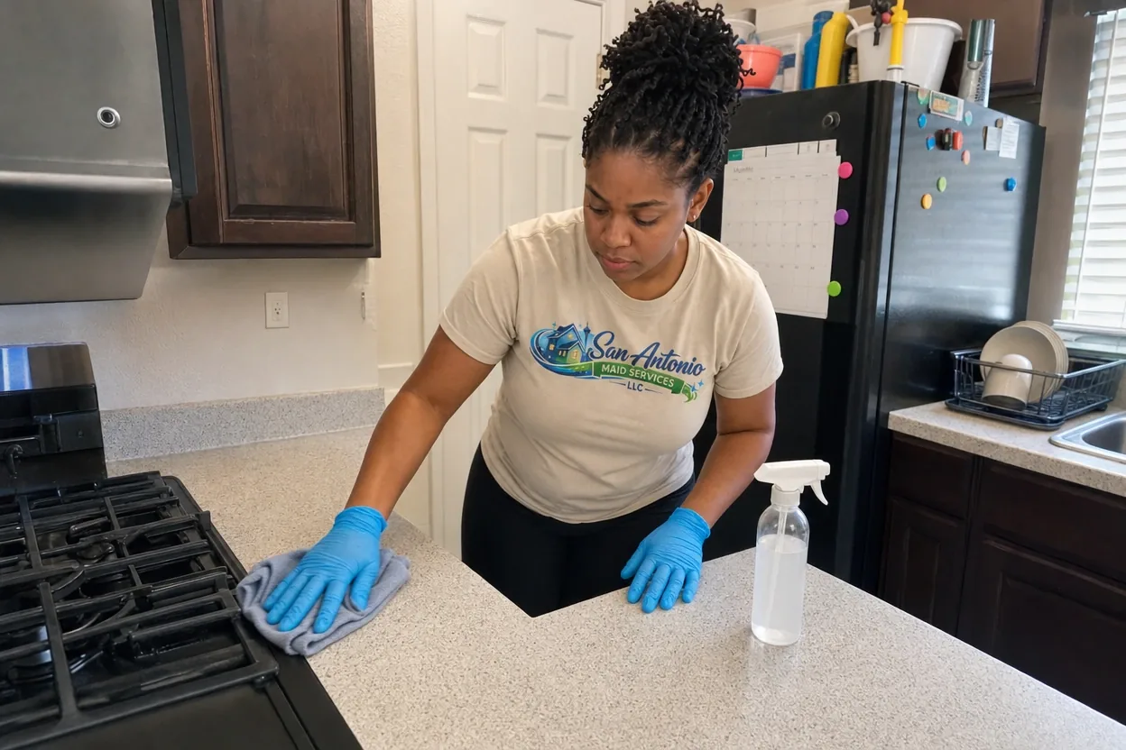 San Antonio Maid Services cleaning professional wiping a kitchen counter by the stove during a recurring cleaning visit