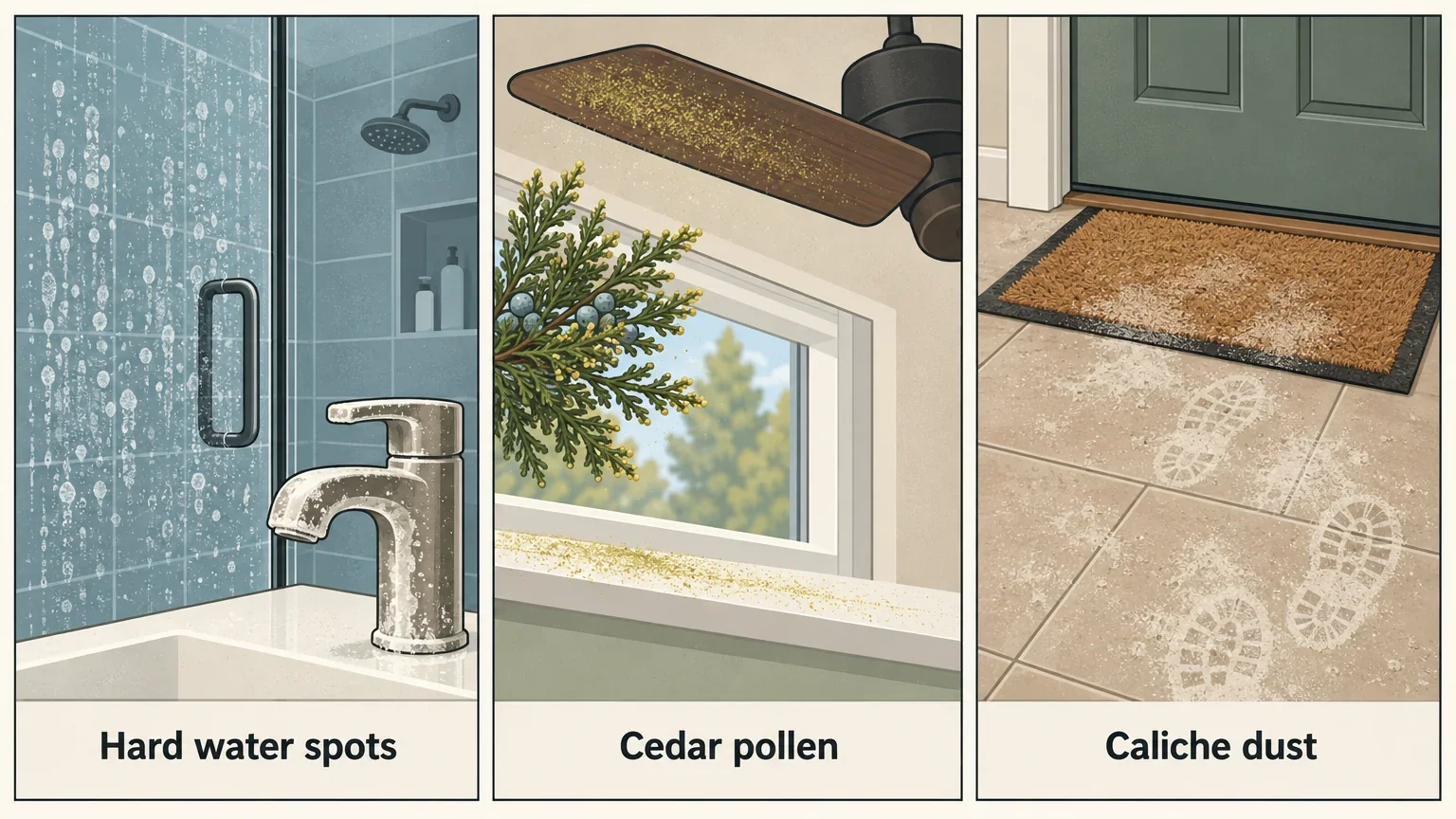Illustration of hard water spots on a shower, cedar pollen on a window sill, and caliche dust on a floor