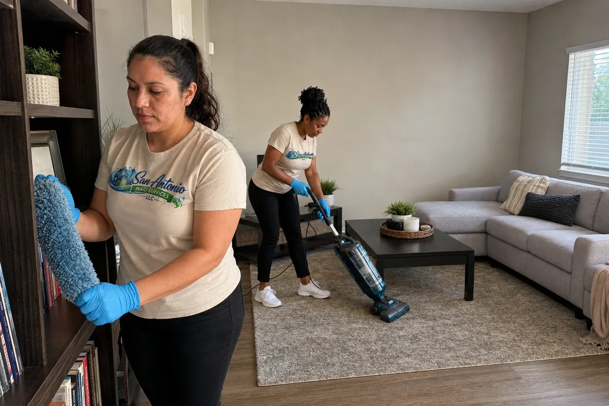Two San Antonio Maid Services cleaning professionals dusting a bookshelf and vacuuming a living room