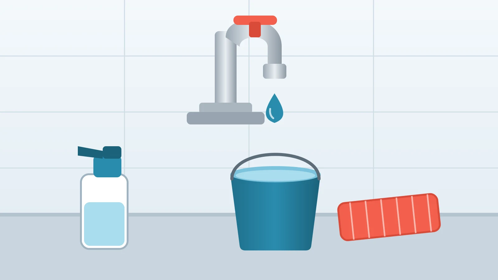 Illustration of a kitchen faucet with one water drop, a bucket of water, a spray bottle and a damp cloth on a counter
