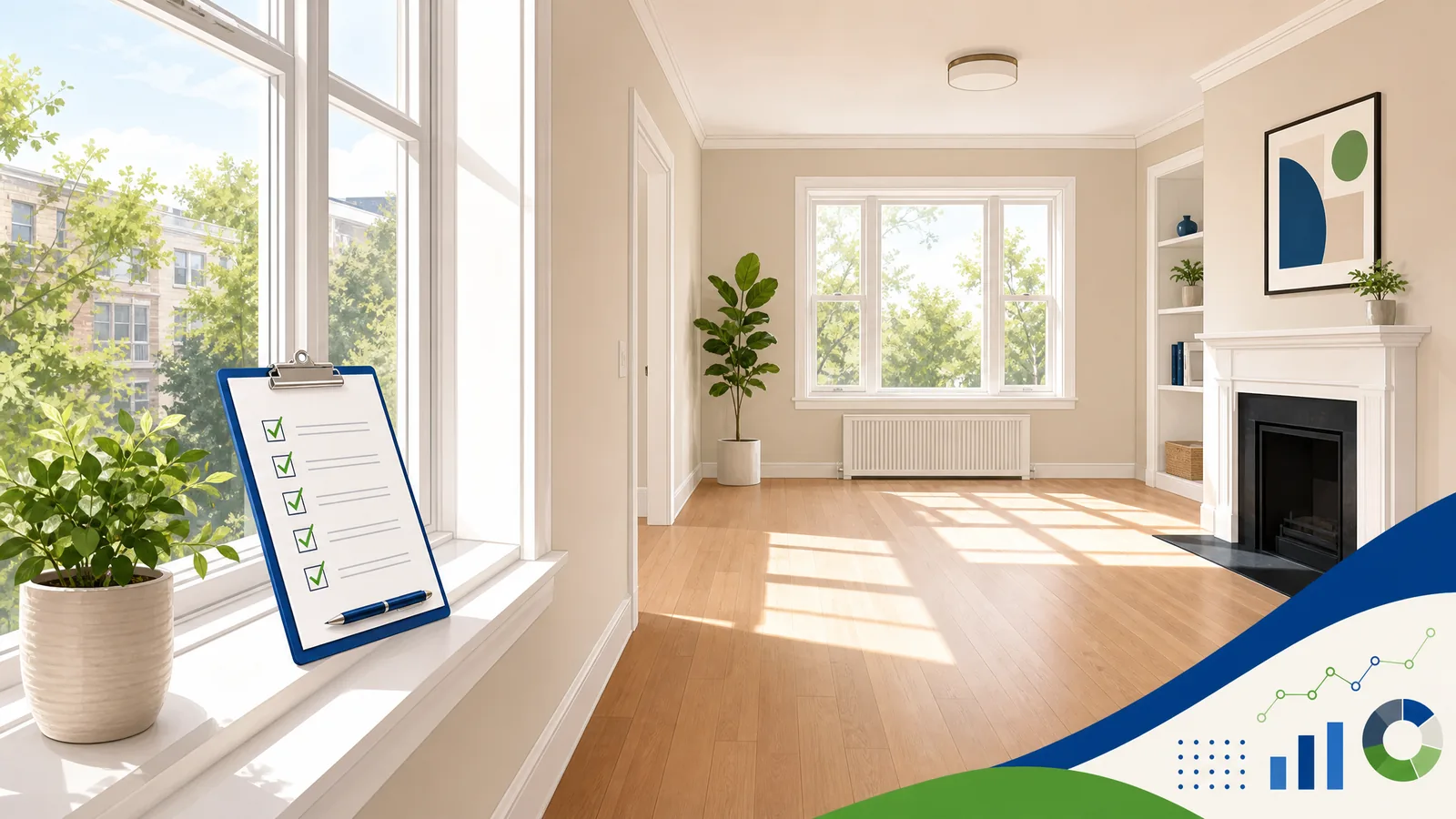 An empty, sunlit living room staged for a move out inspection, with a clipboard resting on the windowsill