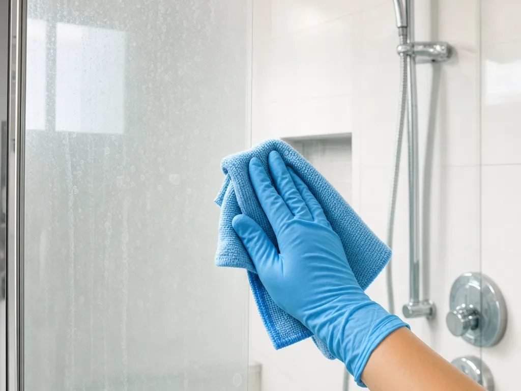 Shower glass half cleared of hard water spots with a microfiber cloth during a vacation rental turnover