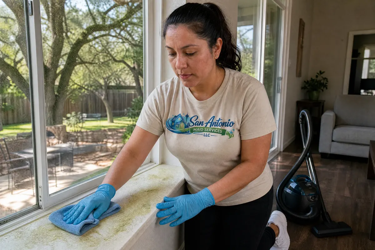 A San Antonio Maid Services cleaning professional wiping a light film of oak pollen off a wide window sill beside a patio door, with live oak trees in the yard outside